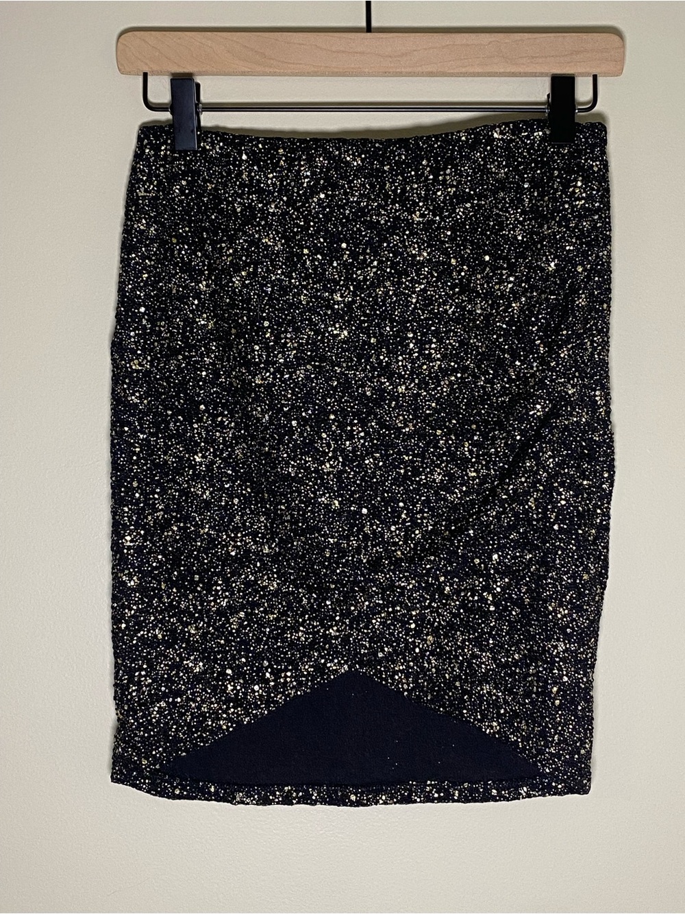Windsor Bodycon Ruched Mini Skirt Large Black Gold Silver Shimmer Asymmetrical